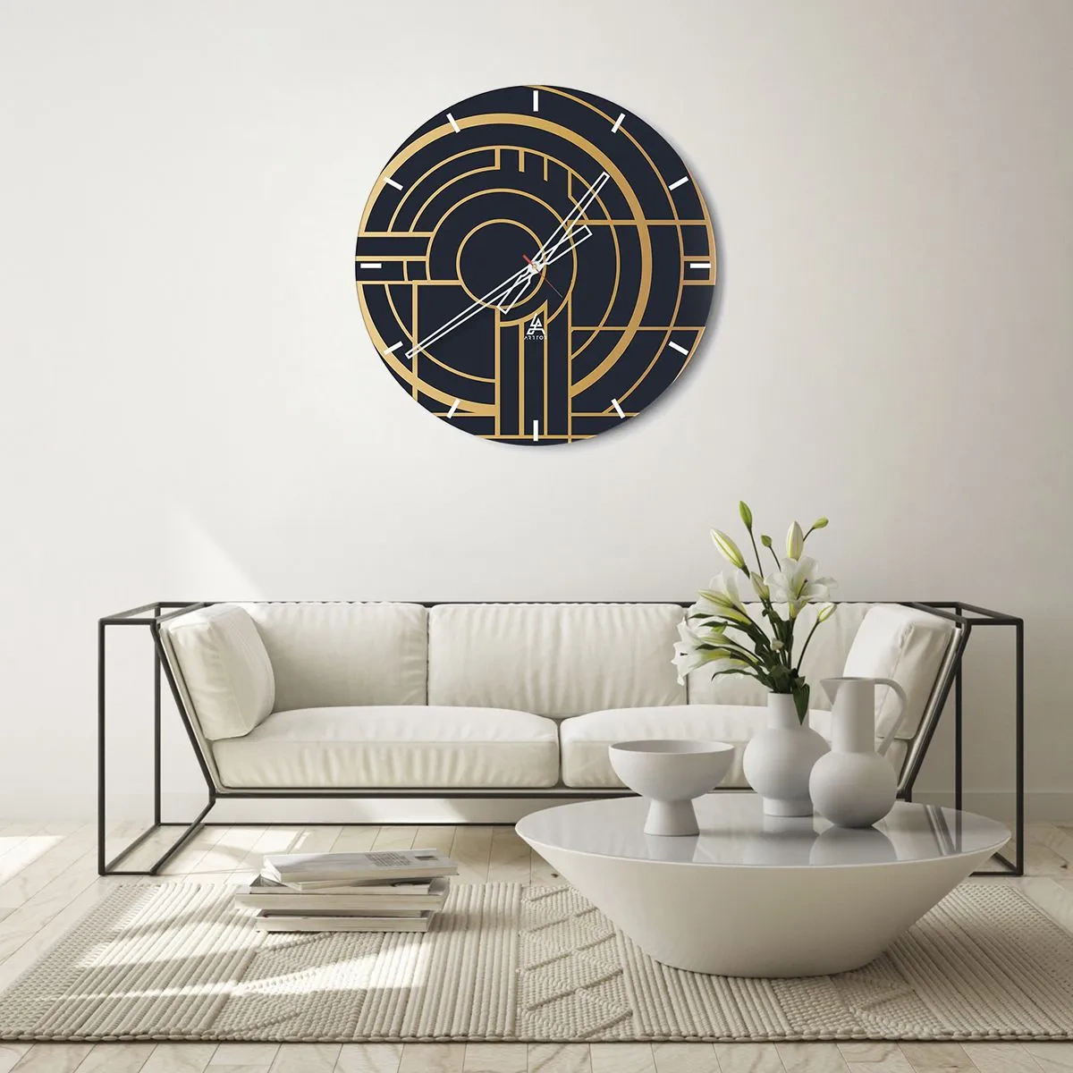 Reloj de pared - Reloj de vidrio - Composición geométrica dorada y negra con un patrón concéntrico. - 30x30cm - Giro de los elementos - Decoración de pared moderna para salón, cocina y dormitorio ARTTOR