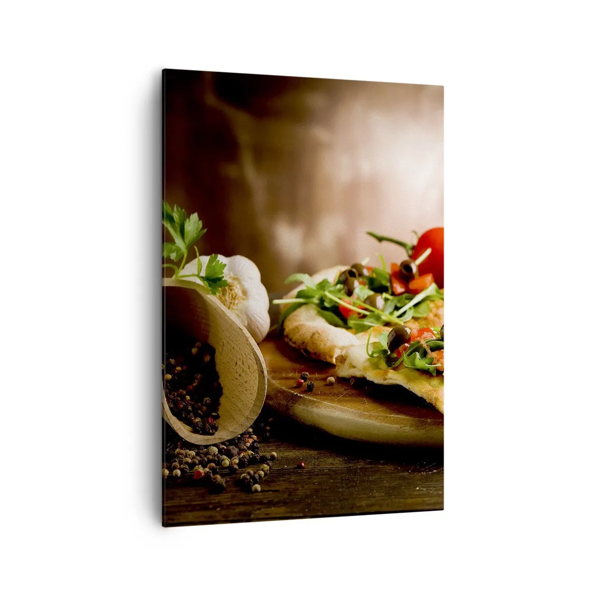 Cuadro sobre lienzo - Impresión de Imagen - Pizza con verduras sobre tabla de madera en estilo rústico - 70x100cm - Directamente del horno y del jardín - Decoración de pared moderna para salón y dormitorio ARTTOR