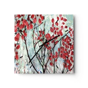 Reloj de pared - Reloj de vidrio - Hojas rojas contra un cielo brillante con patrones abstractos. - 30x30cm - Un árbol en escarlata - Decoración de pared moderna para salón y dormitorio ARTTOR
