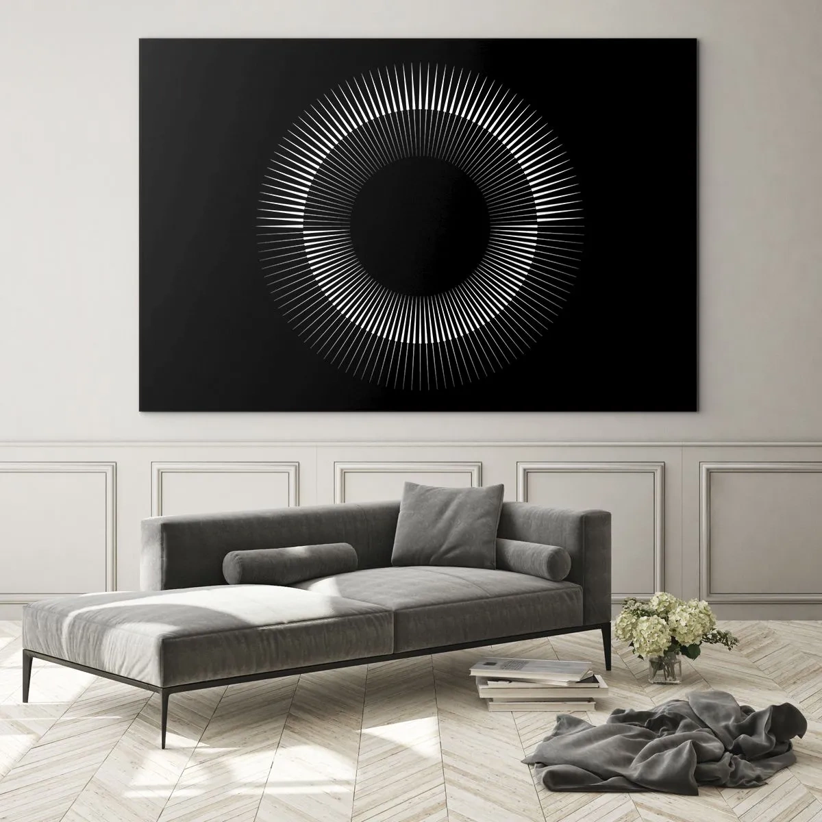 Cuadro sobre vidrio - Impresiones sobre Vidrio - Rayos blancos formando un círculo sobre un fondo negro - 70x50cm - Sol negro - Decoración de pared moderna para salón y dormitorio ARTTOR