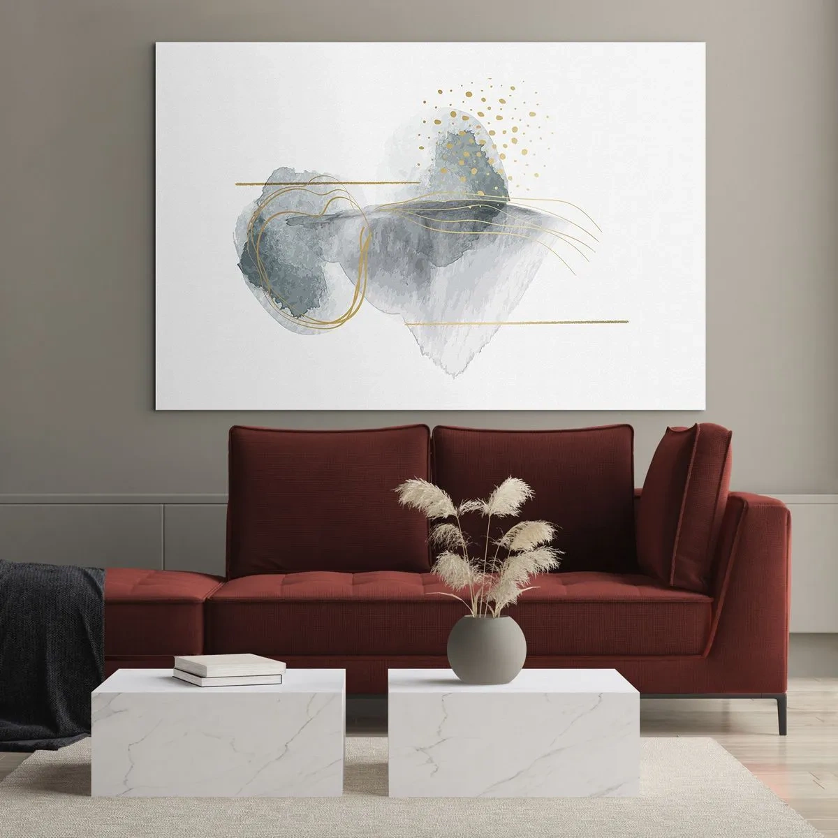 Cuadro sobre vidrio - Impresiones sobre Vidrio - Una composición abstracta de gris con acentos dorados. - 100x70cm - Sobre la relación entre el gris y el oro - Decoración de pared moderna para salón y dormitorio ARTTOR