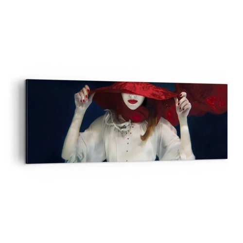 Cuadro sobre lienzo - Impresión de Imagen - Una mujer con un sombrero rojo sumergida en el agua. - 140x50cm - Blanco y rojo - Decoración de pared moderna para salón y dormitorio ARTTOR