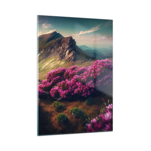 Cuadro sobre vidrio - Impresiones sobre Vidrio - Paisaje de montaña de verano con brezos rosados en flor - 50x70cm - Verano en las montañas - Decoración de pared moderna para salón y dormitorio ARTTOR