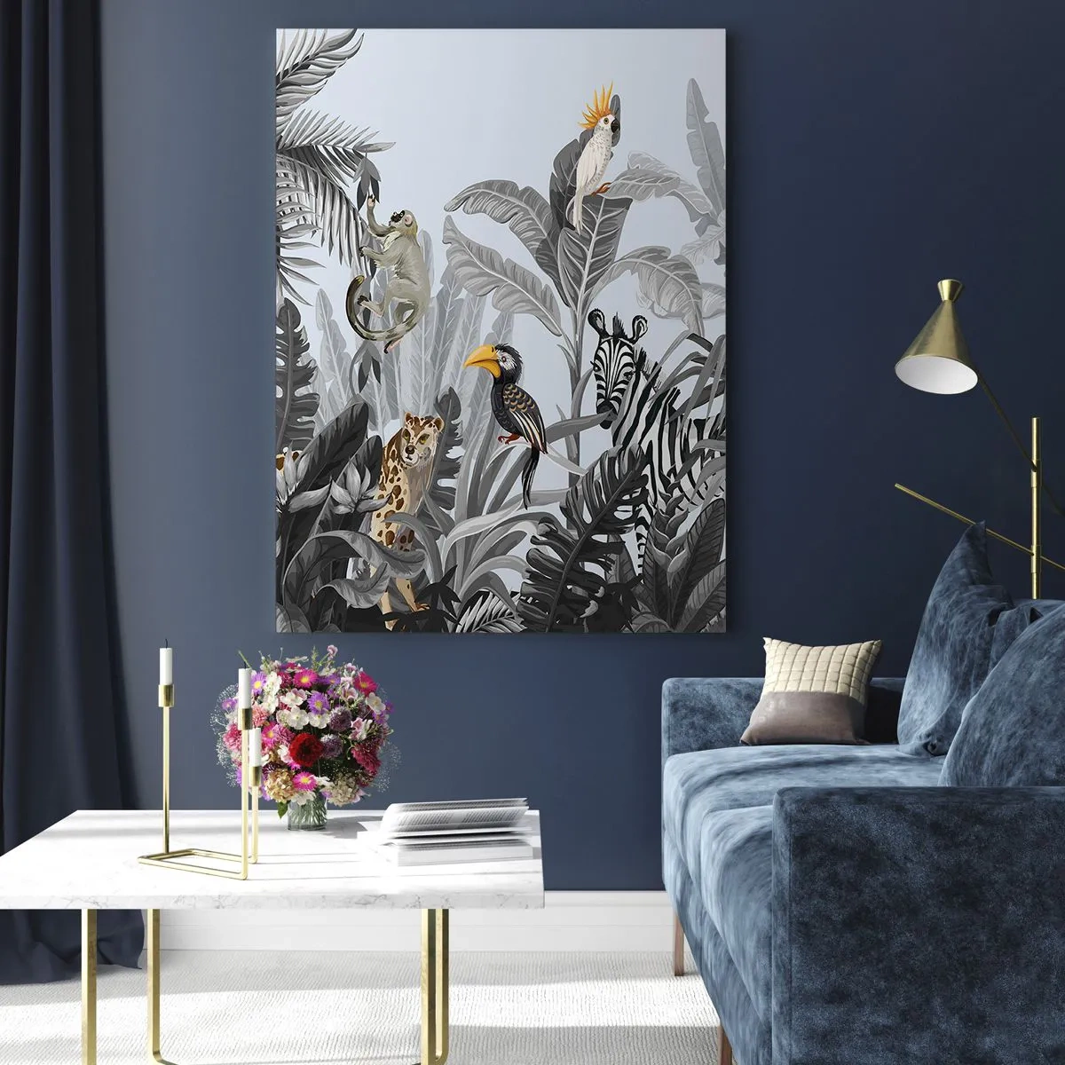 Cuadro sobre vidrio - Impresiones sobre Vidrio - Animales exóticos en una jungla en blanco y negro sobre un fondo claro. - 50x70cm - Un cuento de hadas africano - Decoración de pared moderna para salón y dormitorio ARTTOR