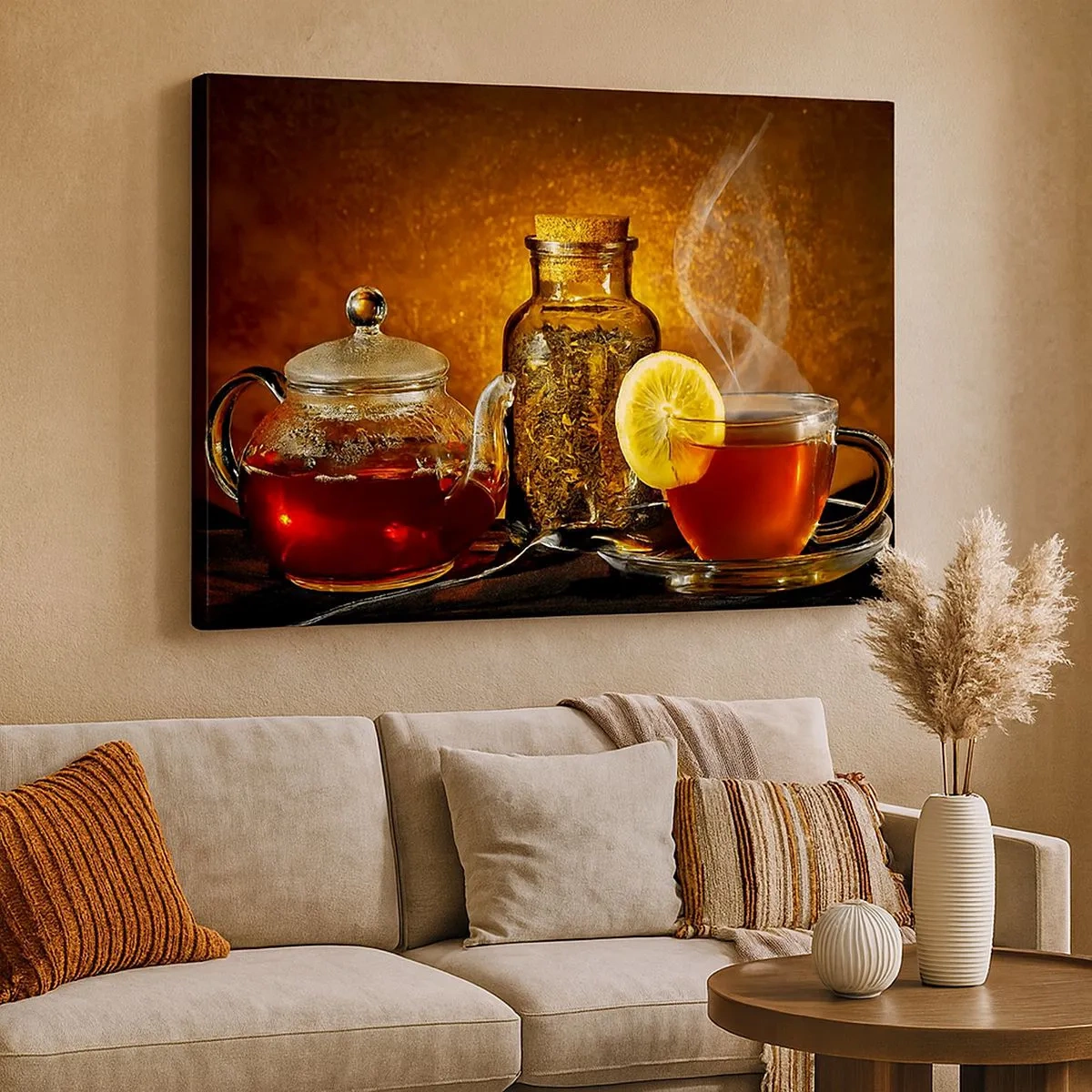 Cuadro sobre lienzo - Impresión de Imagen - Té en jarra de cristal con limón y té suelto. - 70x50cm - Al estilo de los maestros holandeses - Decoración de pared moderna para salón y dormitorio ARTTOR