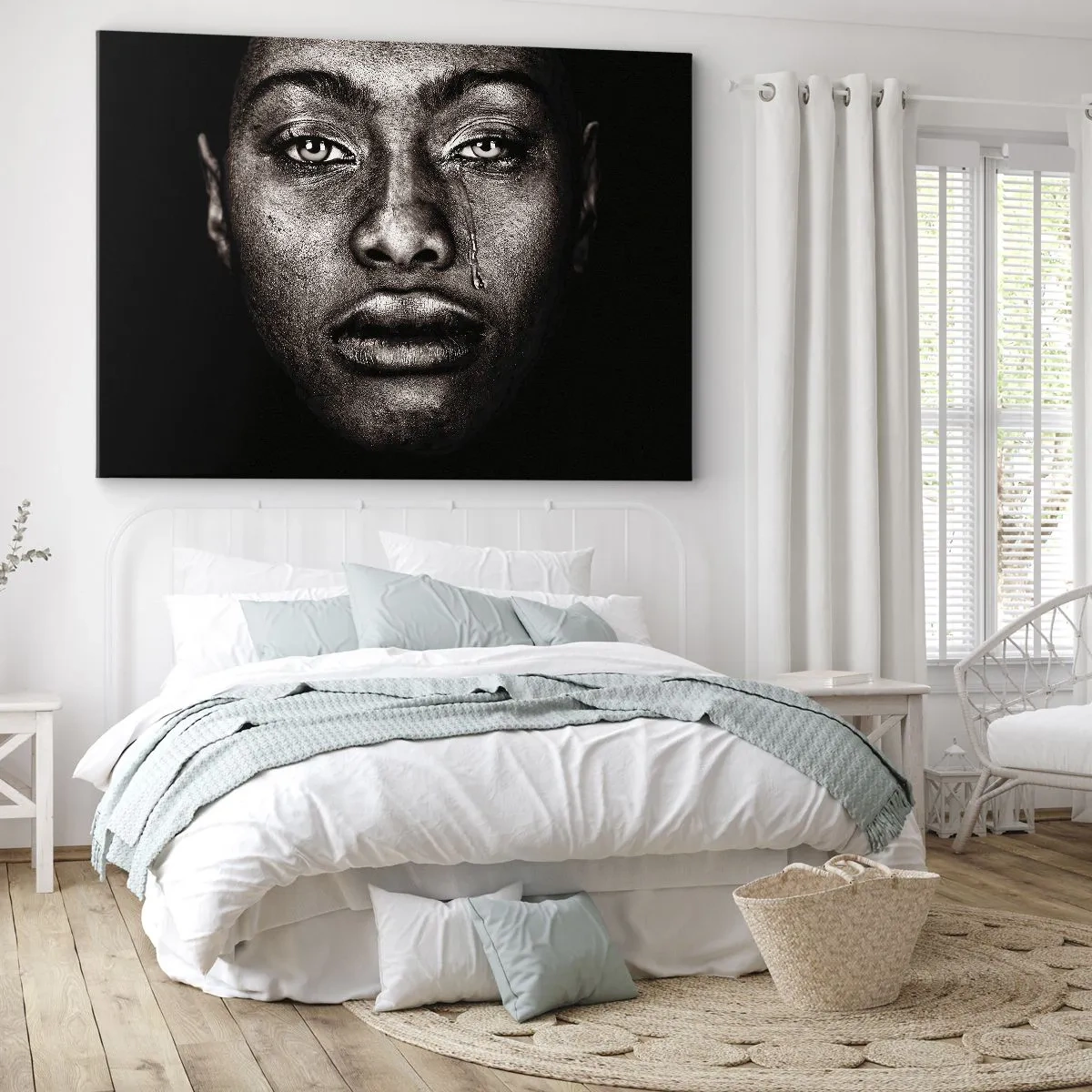 Cuadro sobre lienzo - Impresión de Imagen - Retrato de un rostro con una sola lágrima sobre un fondo negro - 70x50cm - Una lágrima - Decoración de pared moderna para salón y dormitorio ARTTOR