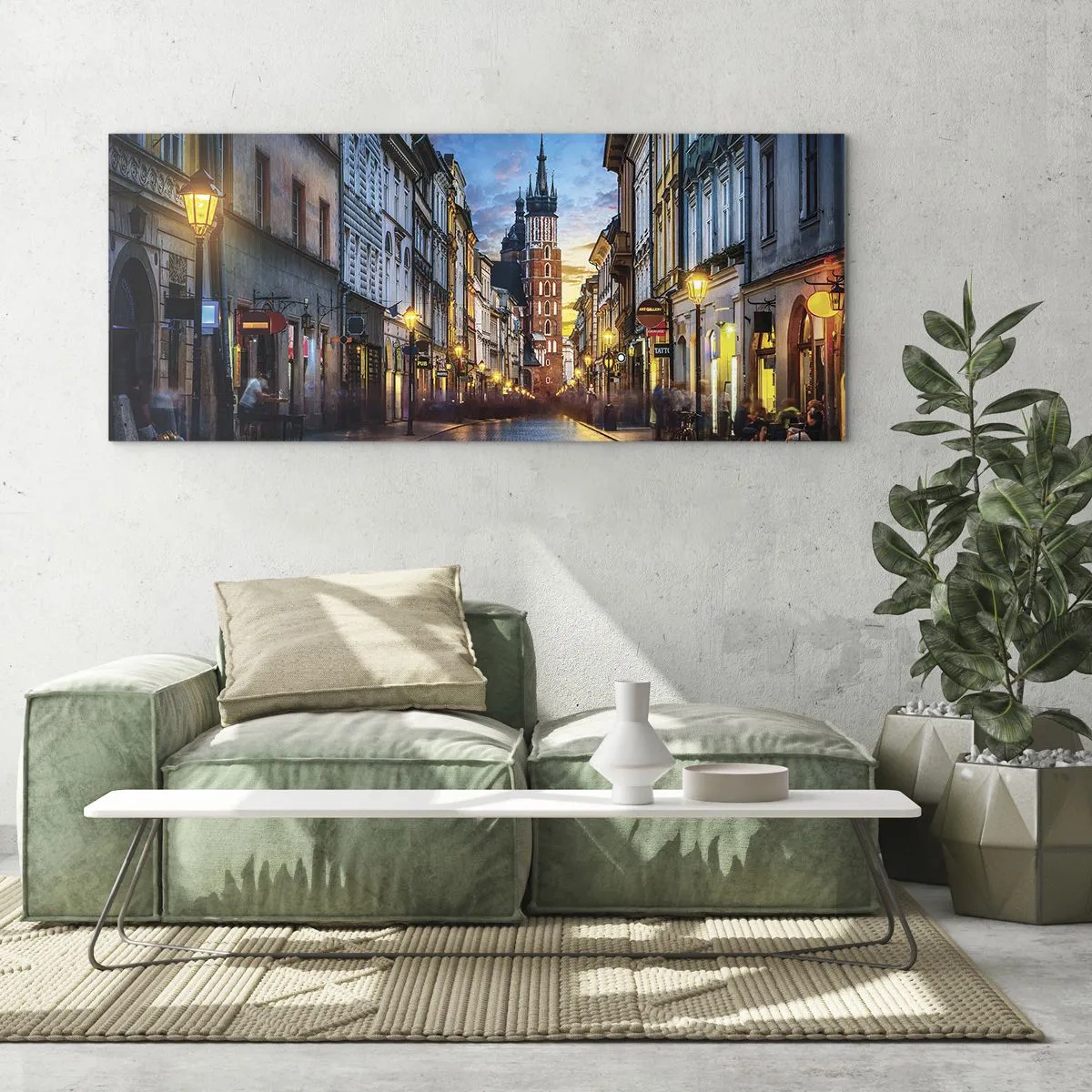 Cuadro sobre vidrio - Impresiones sobre Vidrio - Calle al atardecer con vistas a la Catedral de Cracovia - 120x50cm - El encanto de Cracovia - Decoración de pared moderna para salón y dormitorio ARTTOR