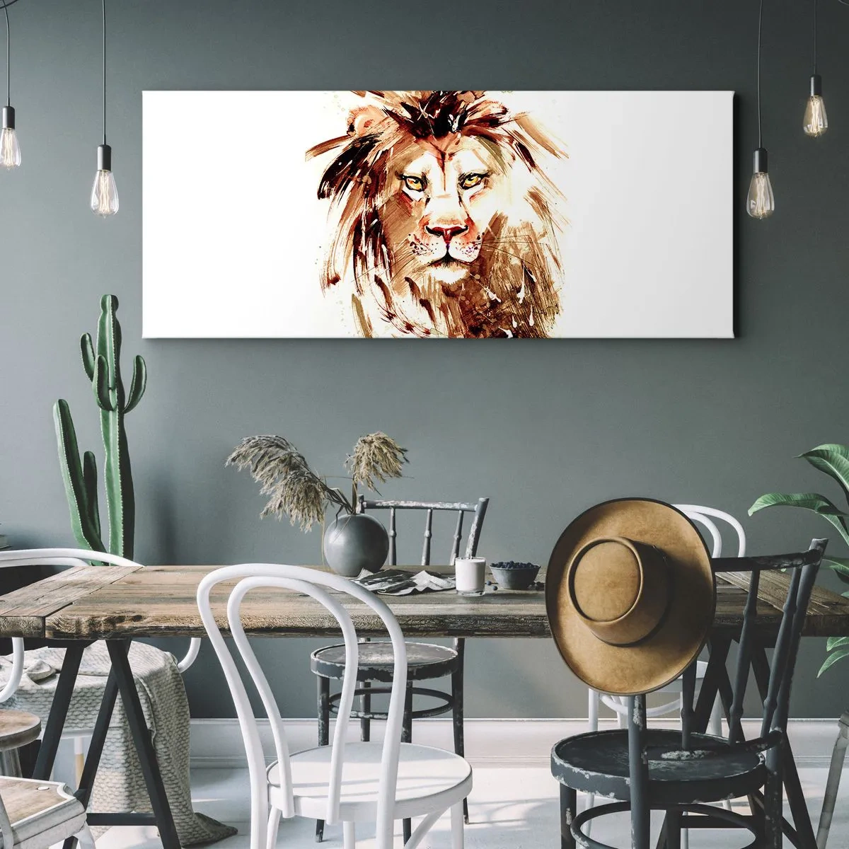 Cuadro sobre lienzo - Impresión de Imagen - Retrato en acuarela de un león con intensos detalles. - 160x50cm - Fuerza y dignidad - Decoración de pared moderna para salón y dormitorio ARTTOR
