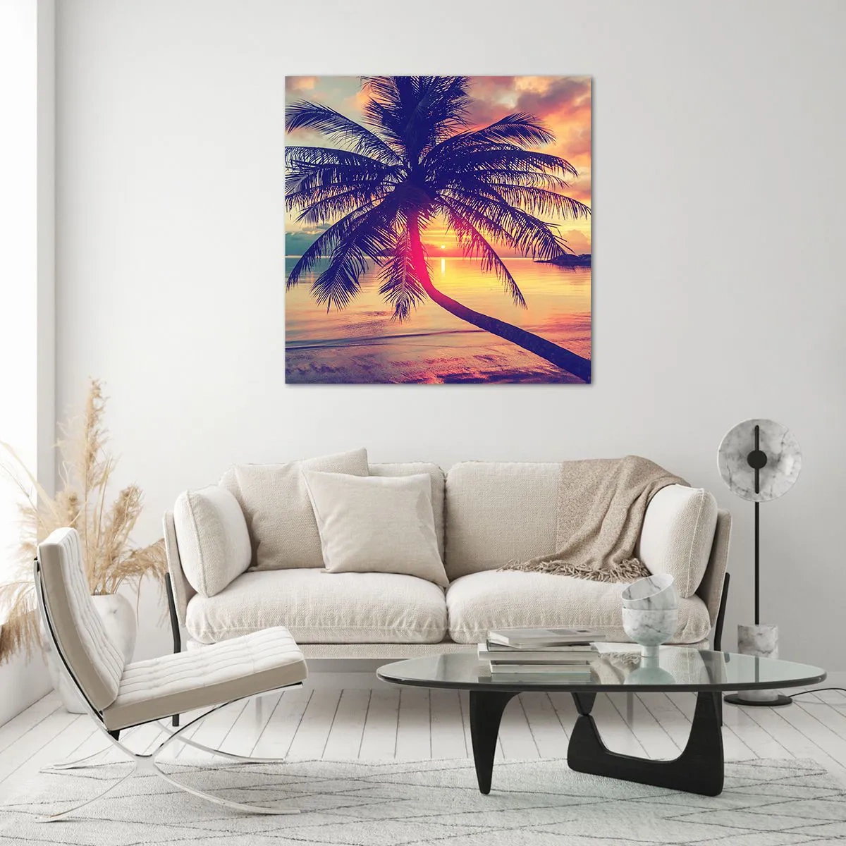 Cuadro sobre vidrio - Impresiones sobre Vidrio - Atardecer bajo las palmeras - 30x30 cm