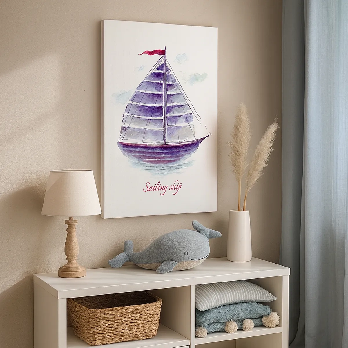 Cuadro sobre lienzo - Impresión de Imagen - Una pintura de acuarela de un velero en el agua con una delicada inscripción. - 50x70cm - Velas izadas y aguas tranquilas - Decoración de pared moderna para salón y dormitorio ARTTOR