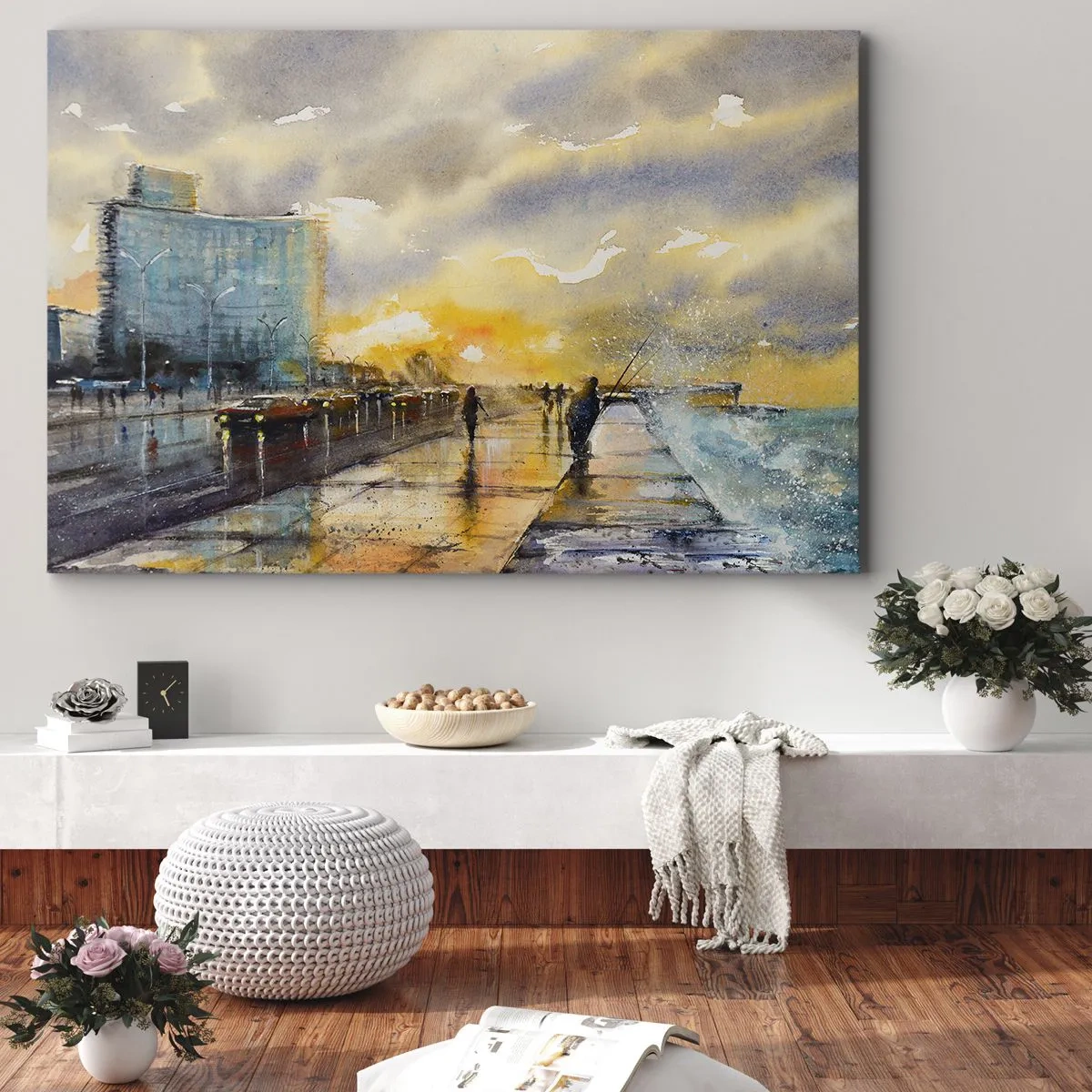 Cuadro sobre lienzo - Impresión de Imagen - Una vista pintoresca del paseo marítimo al atardecer. - 120x80cm - Vida en la orilla - Decoración de pared moderna para salón y dormitorio ARTTOR