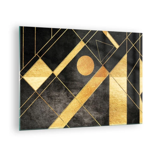 Cuadro sobre vidrio - Impresiones sobre Vidrio - Patrones geométricos dorados sobre un fondo negro - 70x50cm - Sol del desierto - Decoración de pared moderna para salón y dormitorio ARTTOR