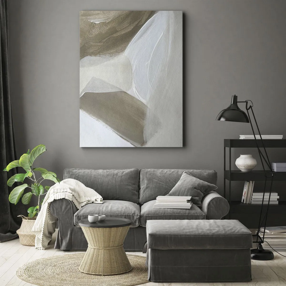 Cuadro sobre lienzo - Impresión de Imagen - Abstracción delicada en tonos beige y blanco. - 50x70cm - Ola de blanco - Decoración de pared moderna para salón y dormitorio ARTTOR