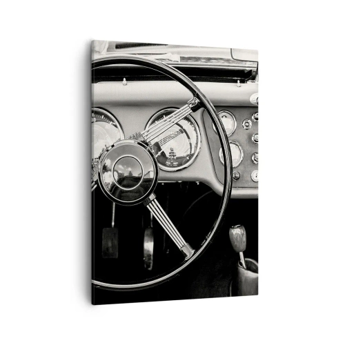 Cuadro sobre lienzo - Impresión de Imagen - Interior de coche clásico en blanco y negro - 50x70cm - El sueño de un coleccionista - Decoración de pared moderna para salón y dormitorio ARTTOR