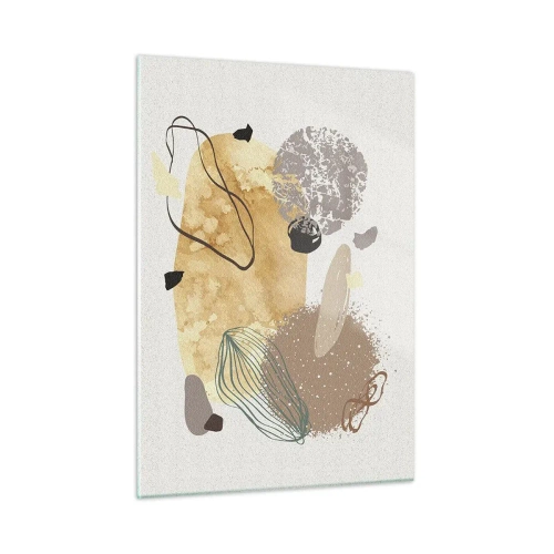 Cuadro sobre vidrio - Impresiones sobre Vidrio - Abstracción beige y marrón con formas irregulares. - 50x70cm - Plumología aplicada - Decoración de pared moderna para salón y dormitorio ARTTOR