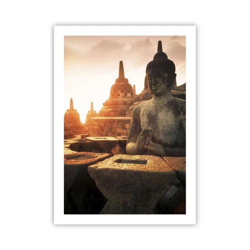 Póster - Estatua de Buda con templos al fondo al atardecer - 50x70cm - Tiempo de gran sabiduría - Decoración de pared moderna para salón y dormitorio ARTTOR