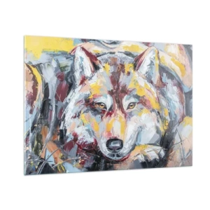 Cuadro sobre vidrio - Impresiones sobre Vidrio - Retrato colorido de un lobo en estilo expresionista. - 100x70cm - Pinceladas de lobo - Decoración de pared moderna para salón y dormitorio ARTTOR