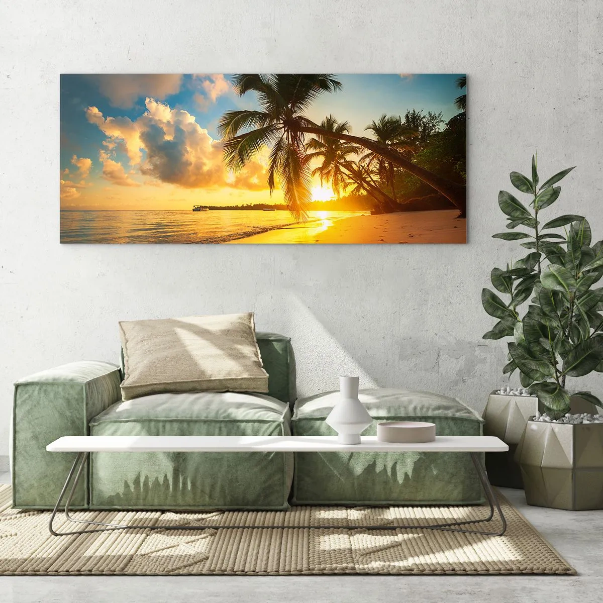 Cuadro sobre vidrio - Impresiones sobre Vidrio - Playa al atardecer con palmeras en la orilla del mar - 120x50cm - Un sueño caribeño - Decoración de pared moderna para salón y dormitorio ARTTOR