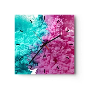 Reloj de pared - Reloj de vidrio - Ondas coloridas de color turquesa y rosa en forma abstracta. - 30x30cm - Un choque decisivo - Decoración de pared moderna para salón y dormitorio ARTTOR