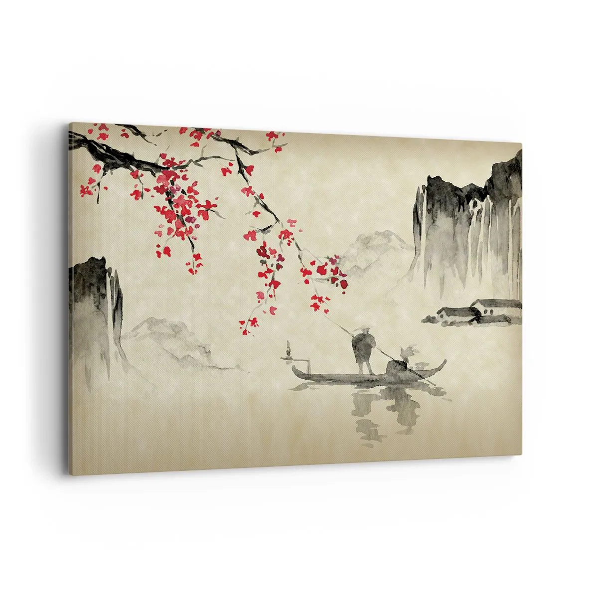 Cuadro sobre lienzo - Impresión de Imagen - Ilustración oriental con un barco y una rama floreciente. - 100x70cm - En el país de los cerezos en flor - Decoración de pared moderna para salón y dormitorio ARTTOR
