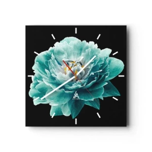 Reloj de pared - Reloj de vidrio - Flor de peonía turquesa sobre fondo negro - 30x30cm - Pétalos azules y dorados - Decoración de pared moderna para salón y dormitorio ARTTOR