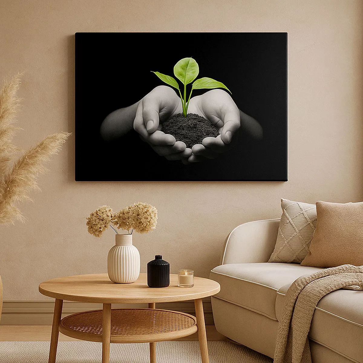 Cuadro sobre lienzo - Impresión de Imagen - Manos sosteniendo una planta verde sobre un fondo negro - 70x50cm - Amo la naturaleza, la protejo - Decoración de pared moderna para salón y dormitorio ARTTOR