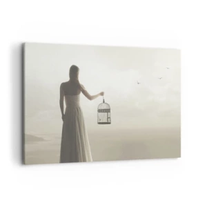 Cuadro sobre lienzo - Impresión de Imagen - Una mujer con una jaula contra un cielo en calma. - 120x80cm - Sé libre - Decoración de pared moderna para salón y dormitorio ARTTOR
