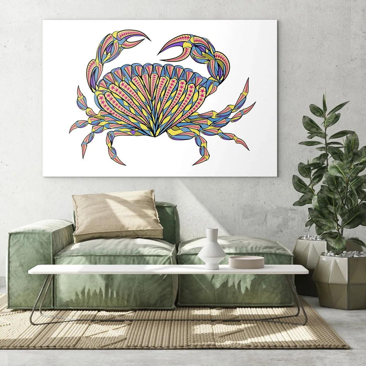 Cuadro sobre vidrio - Impresiones sobre Vidrio - Ilustración de un cangrejo colorido en estilo geométrico. - 70x50cm - Joyas del mar - Decoración de pared moderna para salón y dormitorio ARTTOR