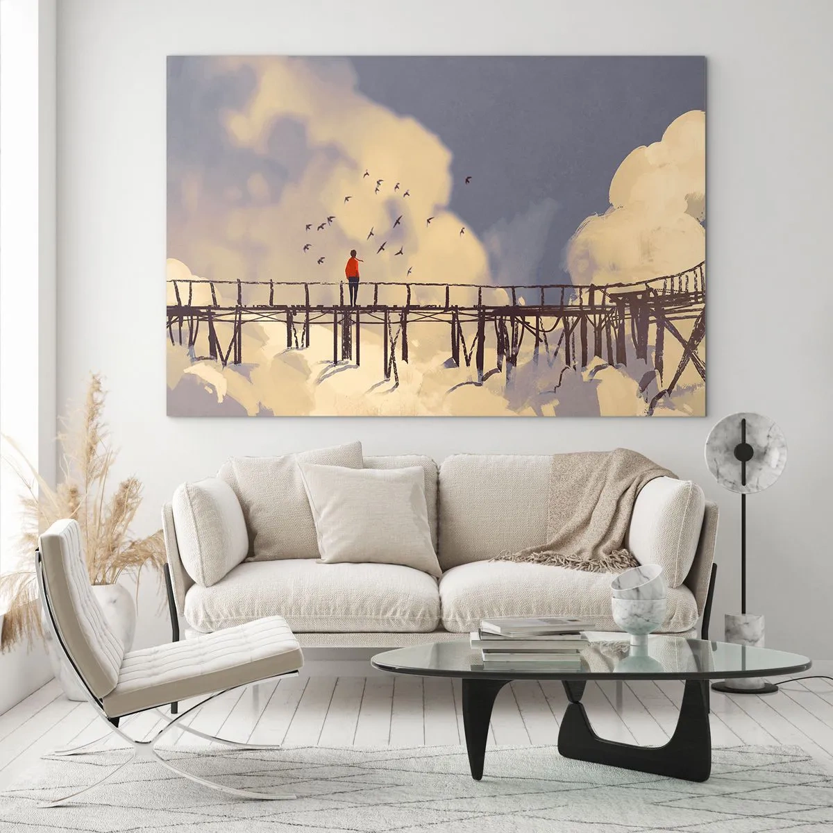 Cuadro sobre vidrio - Impresiones sobre Vidrio - Un hombre en un puente de madera rodeado de nubes. - 120x80cm - Anhelo azul - Decoración de pared moderna para salón y dormitorio ARTTOR