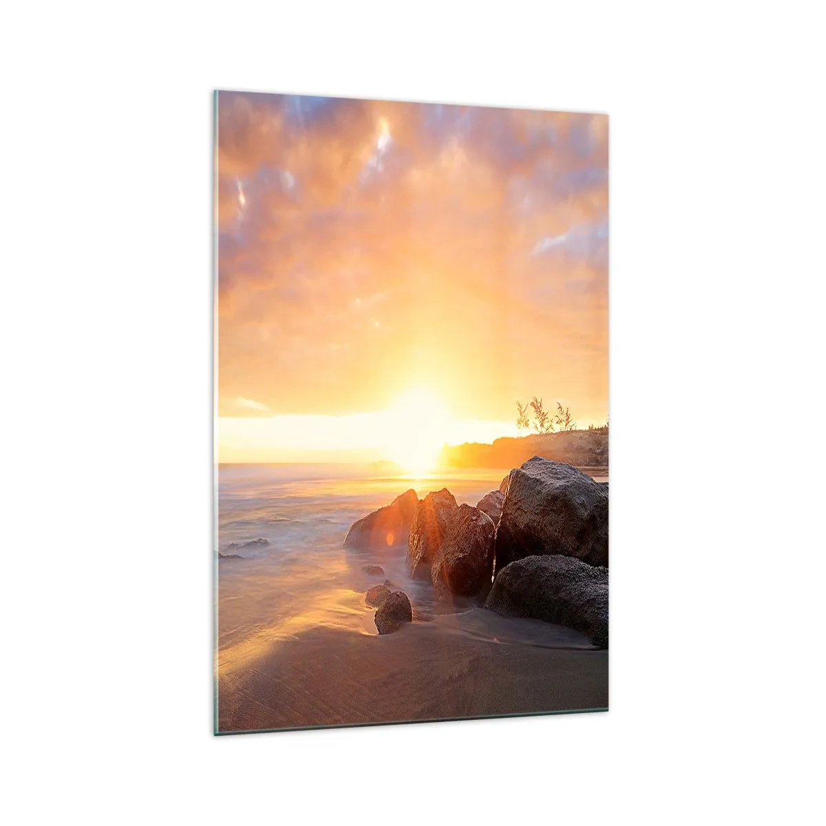 Cuadro sobre vidrio - Impresiones sobre Vidrio - Puesta de sol sobre la costa rocosa - 70x100cm - Brisa luminosa del atardecer - Decoración de pared moderna para salón y dormitorio ARTTOR