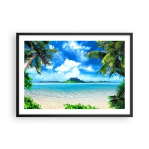 Póster en marco negro - Playa tropical con palmeras y vista a la isla. - 70x50cm - El azul de los trópicos - Decoración de pared moderna para salón y dormitorio ARTTOR
