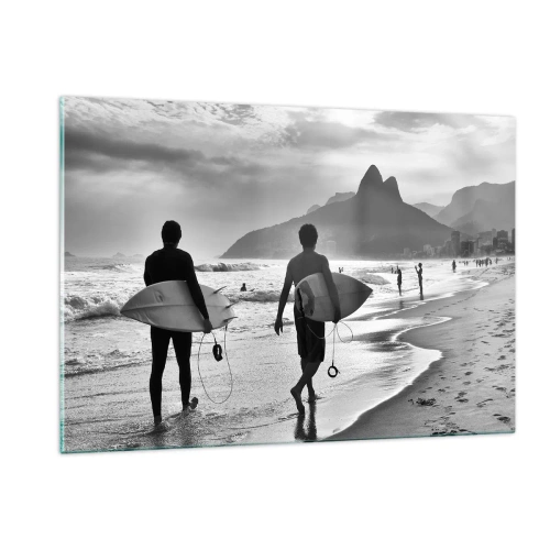 Cuadro sobre vidrio - Impresiones sobre Vidrio - Surfistas en la playa con tablas, composición en blanco y negro. - 120x80cm - Samba para una ola - Decoración de pared moderna para salón y dormitorio ARTTOR