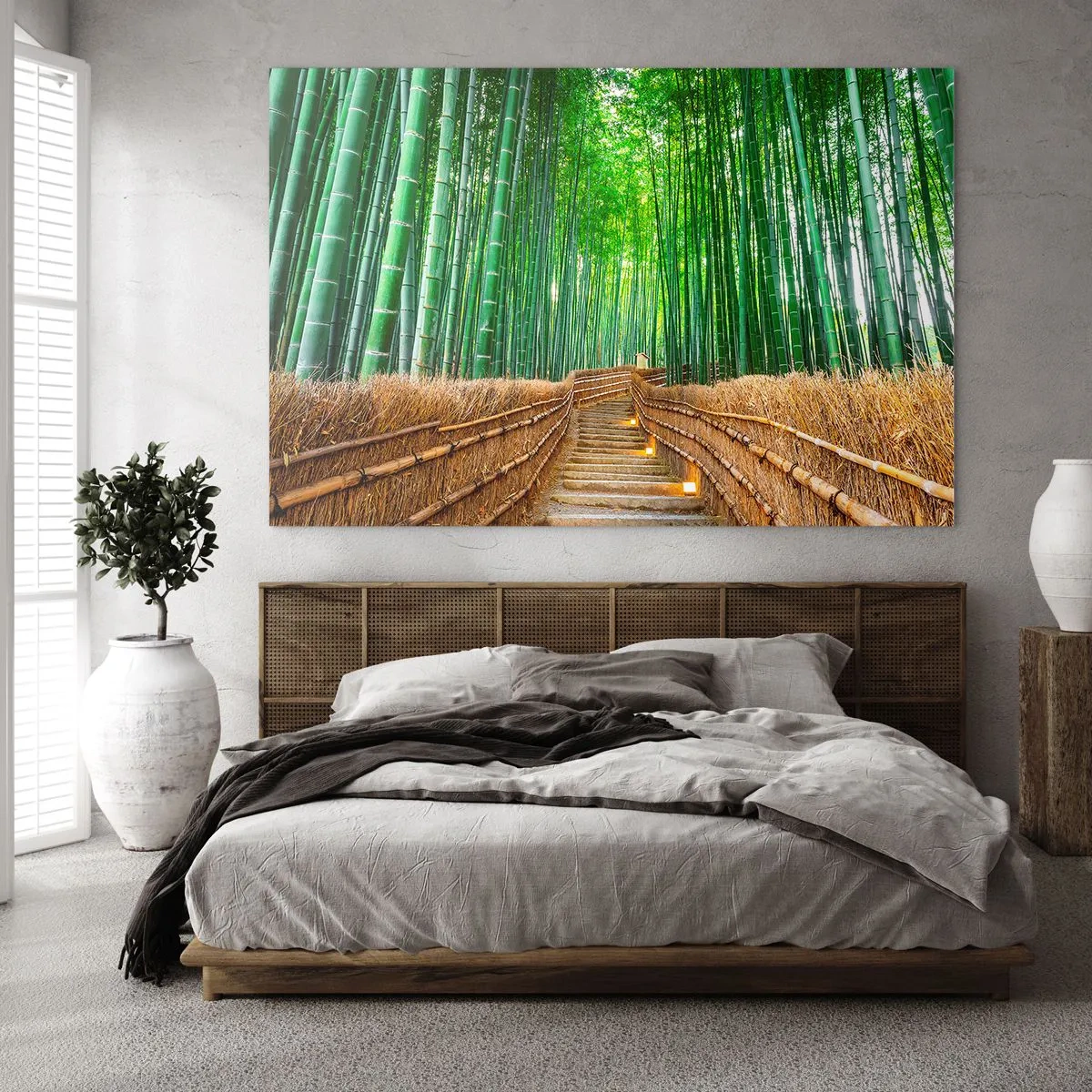 Cuadro sobre vidrio - Impresiones sobre Vidrio - Un camino en el bosque de bambú que conduce a través de las escaleras. - 100x70cm - La esencia de la naturaleza asiática - Decoración de pared moderna para salón y dormitorio ARTTOR