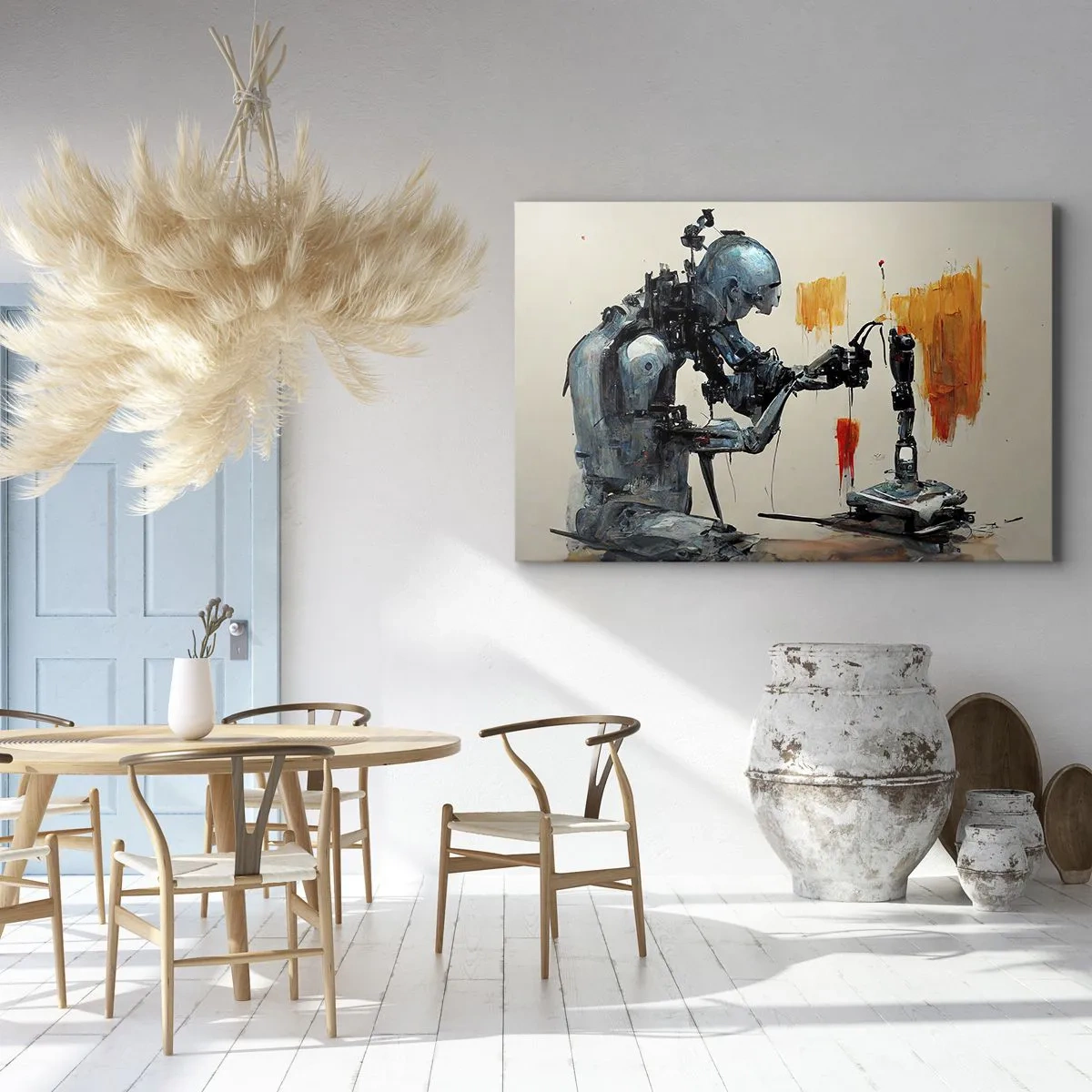 Cuadro sobre lienzo - Impresión de Imagen - Robot trabajando con fondo abstracto - 70x50cm - Próximamente... - Decoración de pared moderna para salón y dormitorio ARTTOR