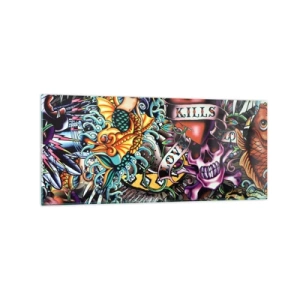 Cuadro sobre vidrio - Impresiones sobre Vidrio - Obra de arte colorida estilo tatuaje con calaveras y motivos náuticos. - 120x50cm - El sueño de un tatuador - Decoración de pared moderna para salón y dormitorio ARTTOR