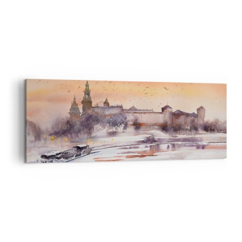Cuadro sobre lienzo - Impresión de Imagen - Puesta de sol sobre el castillo en un paisaje invernal - 140x50cm - Atardecer real - Decoración de pared moderna para salón y dormitorio ARTTOR