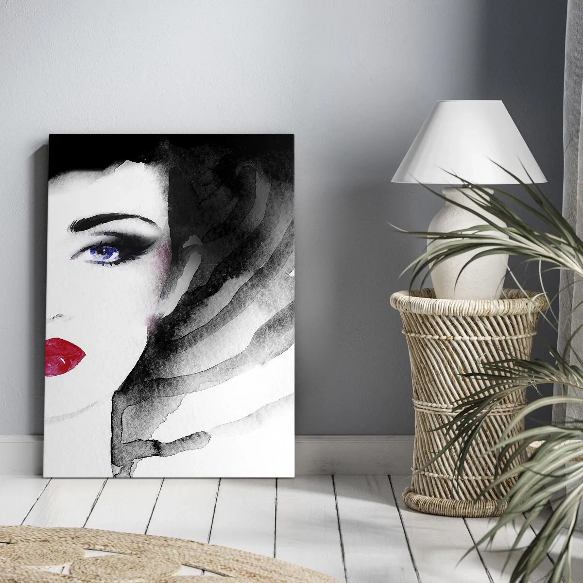 Cuadro sobre lienzo - Impresión de Imagen - Retrato de una mujer con labios rojos y ojos azules intensos. - 50x70cm - Lenguaje no verbal - Decoración de pared moderna para salón y dormitorio ARTTOR