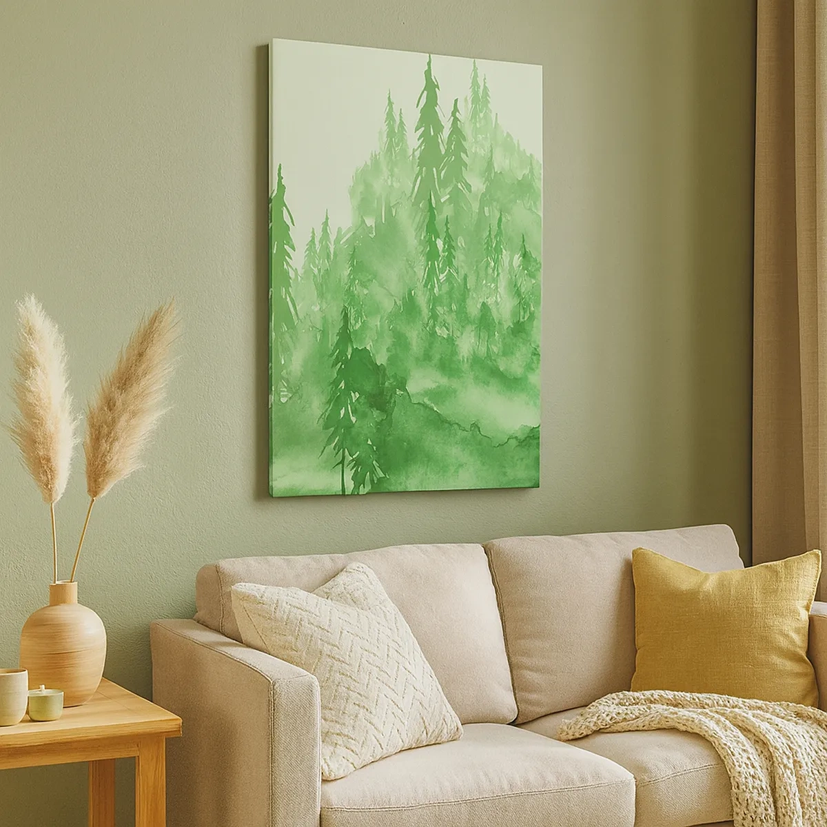 Cuadro sobre lienzo - Impresión de Imagen - Bosque verde en estilo acuarela sobre un fondo claro - 50x70cm - Difuminado con niebla verde - Decoración de pared moderna para salón y dormitorio ARTTOR