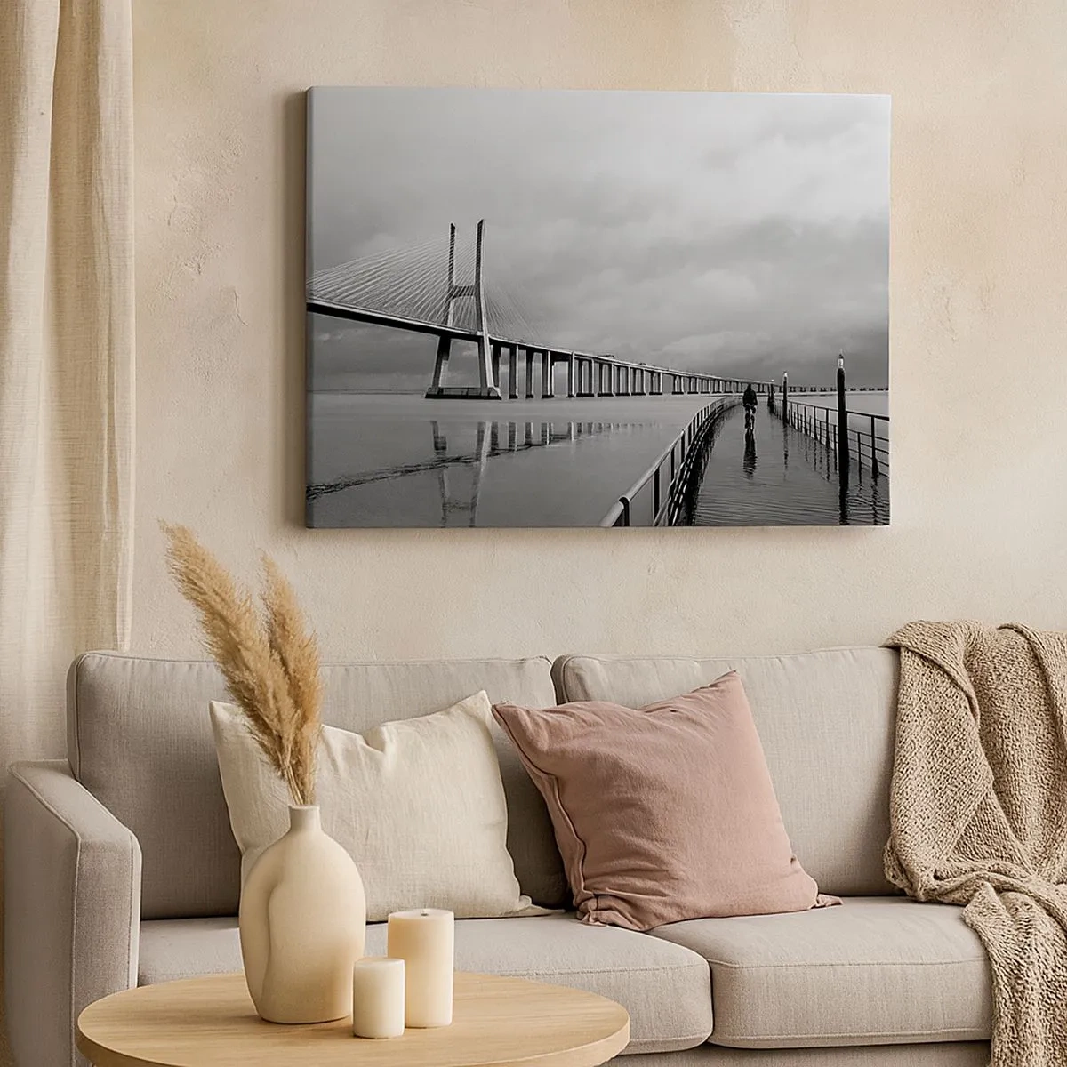 Cuadro sobre lienzo - Impresión de Imagen - Un puente colgante sobre el agua en blanco y negro. - 70x50cm - A cada uno lo suyo - Decoración de pared moderna para salón y dormitorio ARTTOR