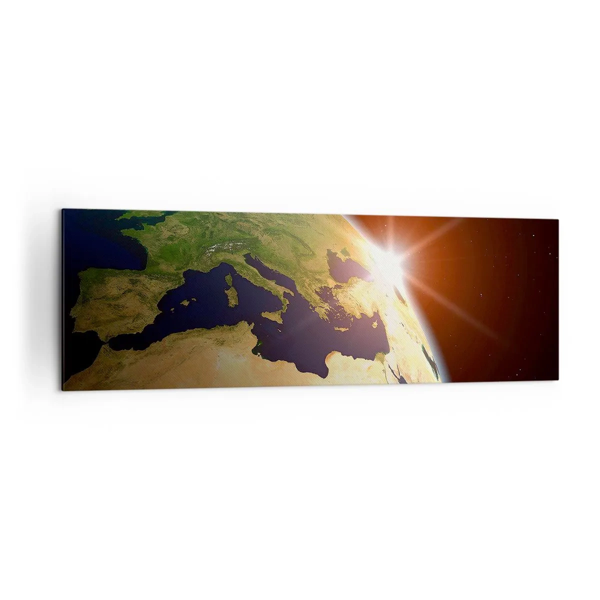 Cuadro sobre lienzo - Impresión de Imagen - Vista de la Tierra desde el espacio con rayos de sol en el horizonte - 160x50cm - Amanecer - Decoración de pared moderna para salón y dormitorio ARTTOR