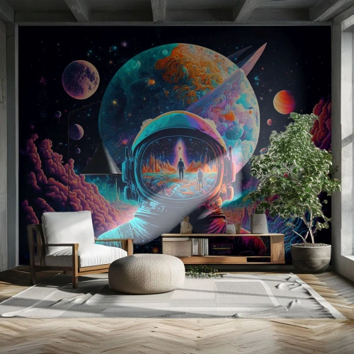 Fotomural Premium Sand - Un astronauta en el espacio con un paisaje surrealista reflejado en su visera. - 100x70cm - Sueños de niño - Decoración de pared moderna para salón y dormitorio ARTTOR