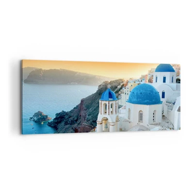 Cuadro sobre lienzo - Impresión de Imagen - Santorini - el abrazo a las rocas - 100x40 cm