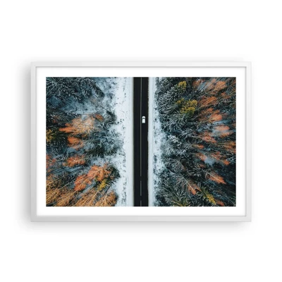 Póster en marco blanco - Atravesar el bosque en invierno - 70x50 cm