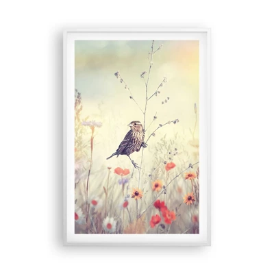 Póster en marco blanco - Retrato de pájaro con prado de fondo - 61x91 cm