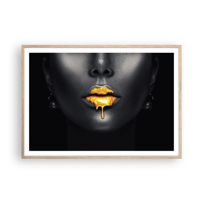 Póster en marco roble claro - Labios de oro - 100x70 cm