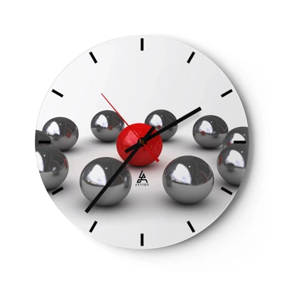 Reloj de pared - Reloj de vidrio - Círculo en plata y rojo - 30x30 cm