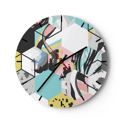 Reloj de pared - Reloj de vidrio - Hexágonos y cubos en seis colores - 30x30 cm