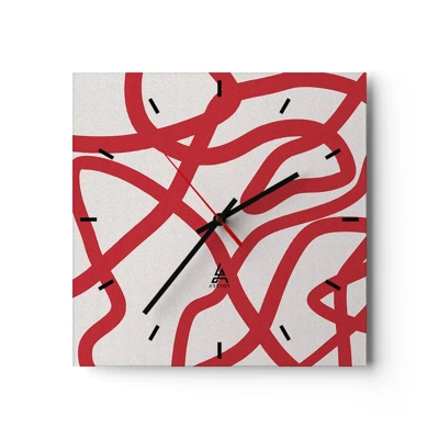 Reloj de pared - Reloj de vidrio - Rojo sobre blanco - 40x40 cm