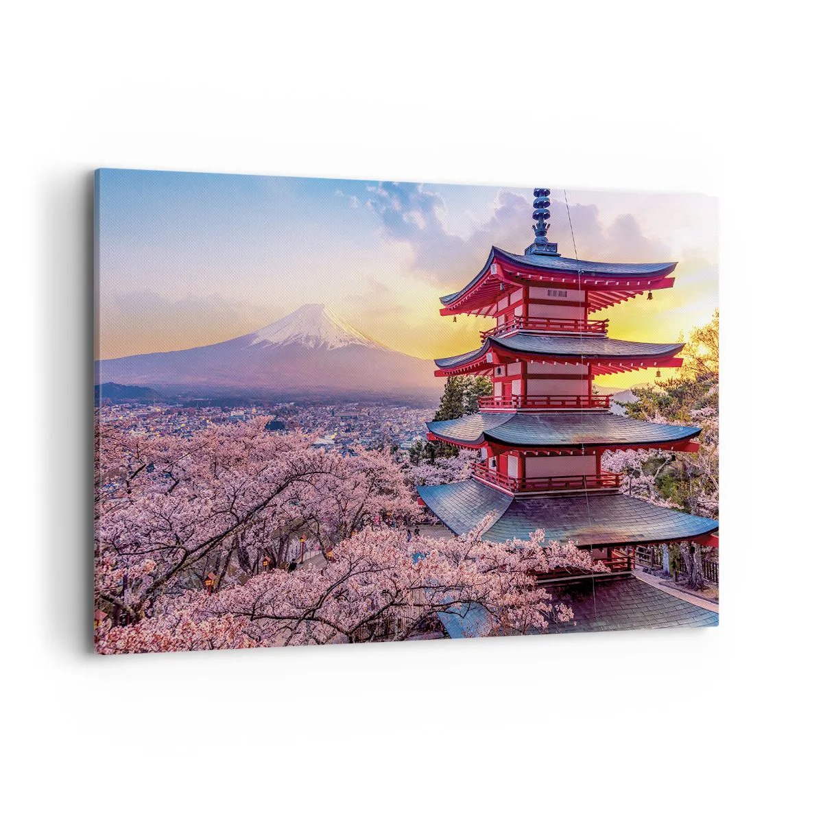 Cuadro en lienzo Arttor 120x80 cm - Fuji, Choreito, Pagoda, Japón, Para el salón, Para el dormitorio, Blanco, Marrón, Horizontal, Lienzo, AA120x80-4547
