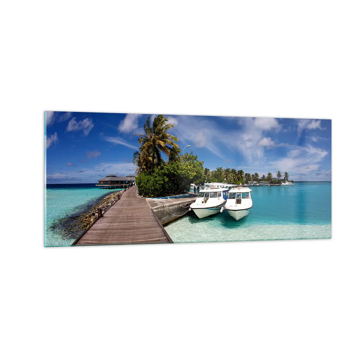 Cuadro sobre vidrio, Impresiones sobre Vidrio Arttor 100x40 cm - Y sin embargo el paraíso existe - Paisaje, Paraíso, Mar, Maldivas, Viajes, Para el salón, Para el dormitorio, Azul, Horizontal, Vidrio, GAB100x40-0436